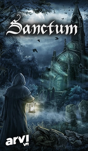 Affiche du jeu "Sanctum" d'Anvio avec des visuels sombres et effrayants, typiques de l'ambiance d'Halloween, mettant en avant une expérience en réalité virtuelle.